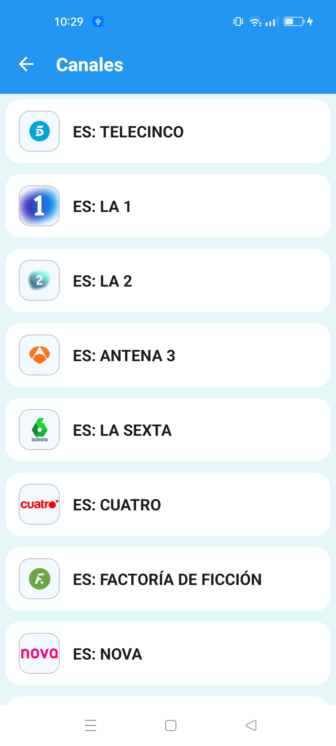 Captura de pantalla de la lista de canales