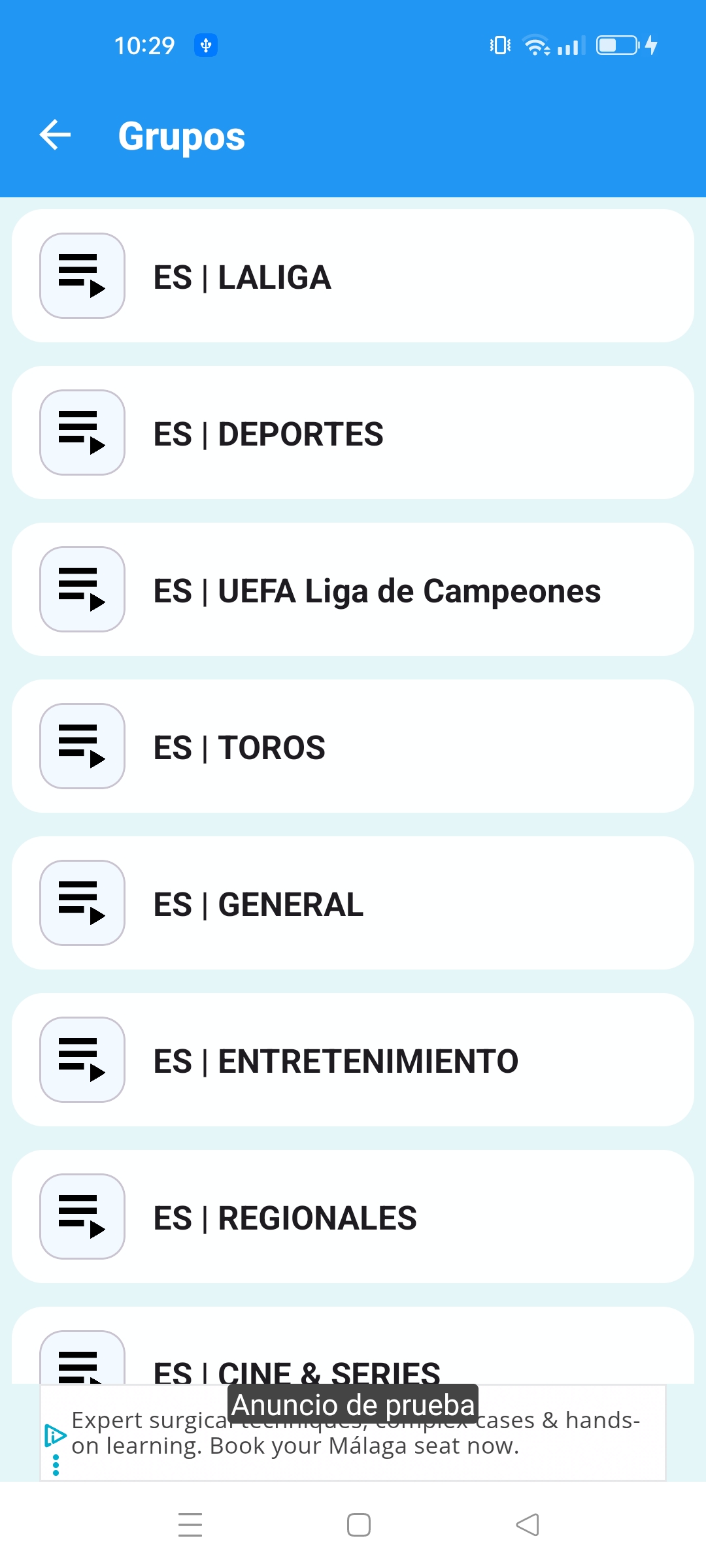 Captura de pantalla de los grupos de canales